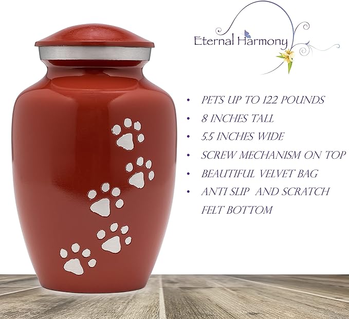 Dogs and Cats Urn with Beautiful Velvet Bag (Red, Large)