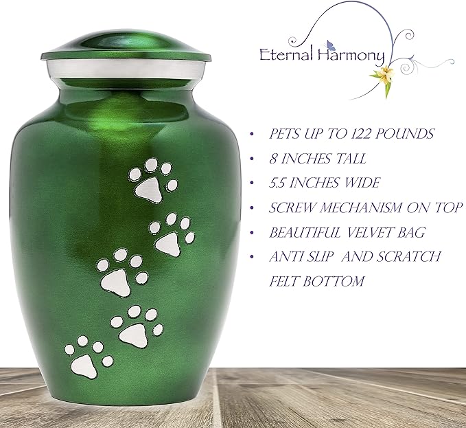 Dogs and Cats Urn with Beautiful Velvet Bag (Green, 8 Inches)