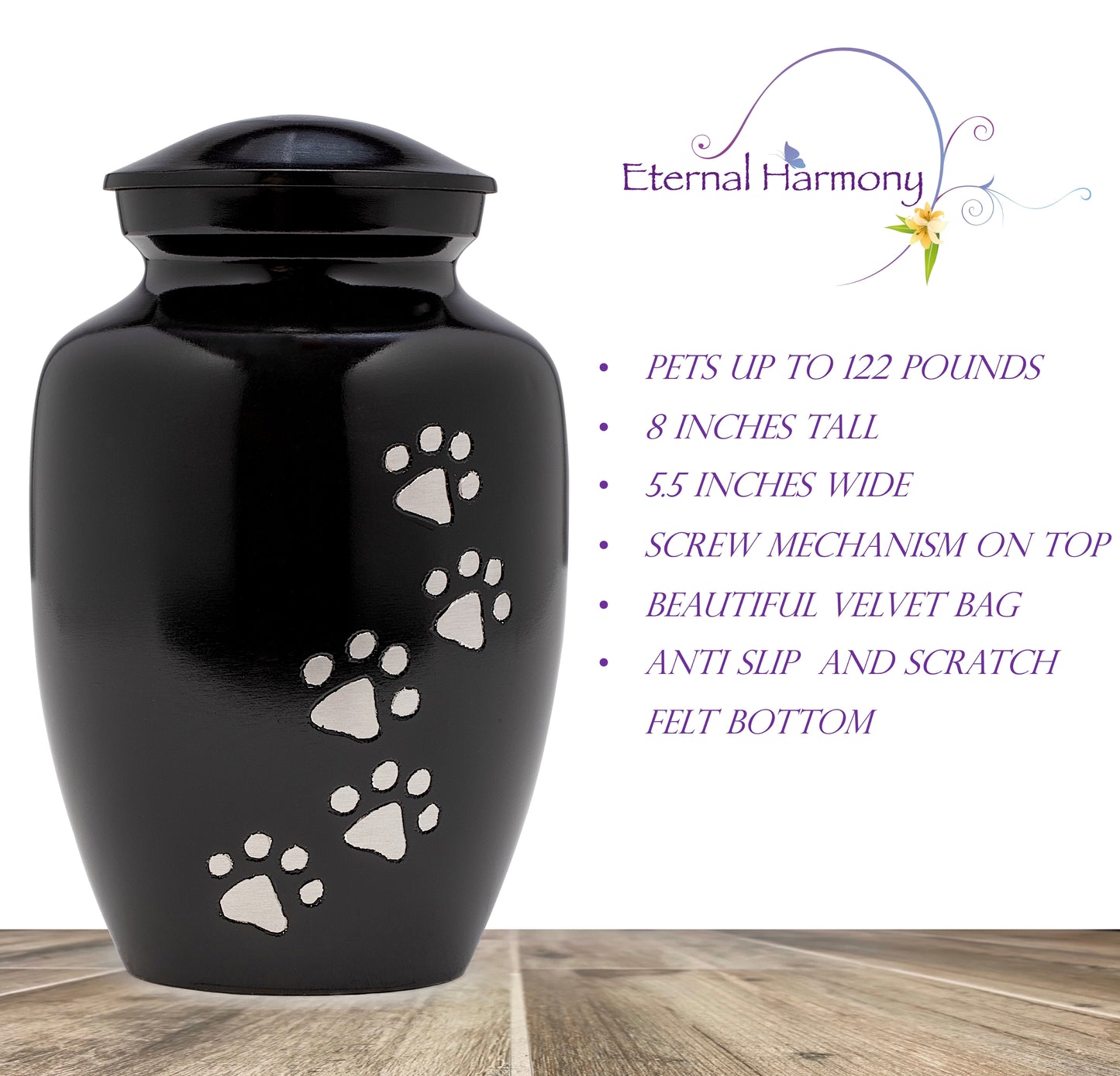 Dogs and Cat Urns with Beautiful Velvet Bag (Black, 8 Inches)