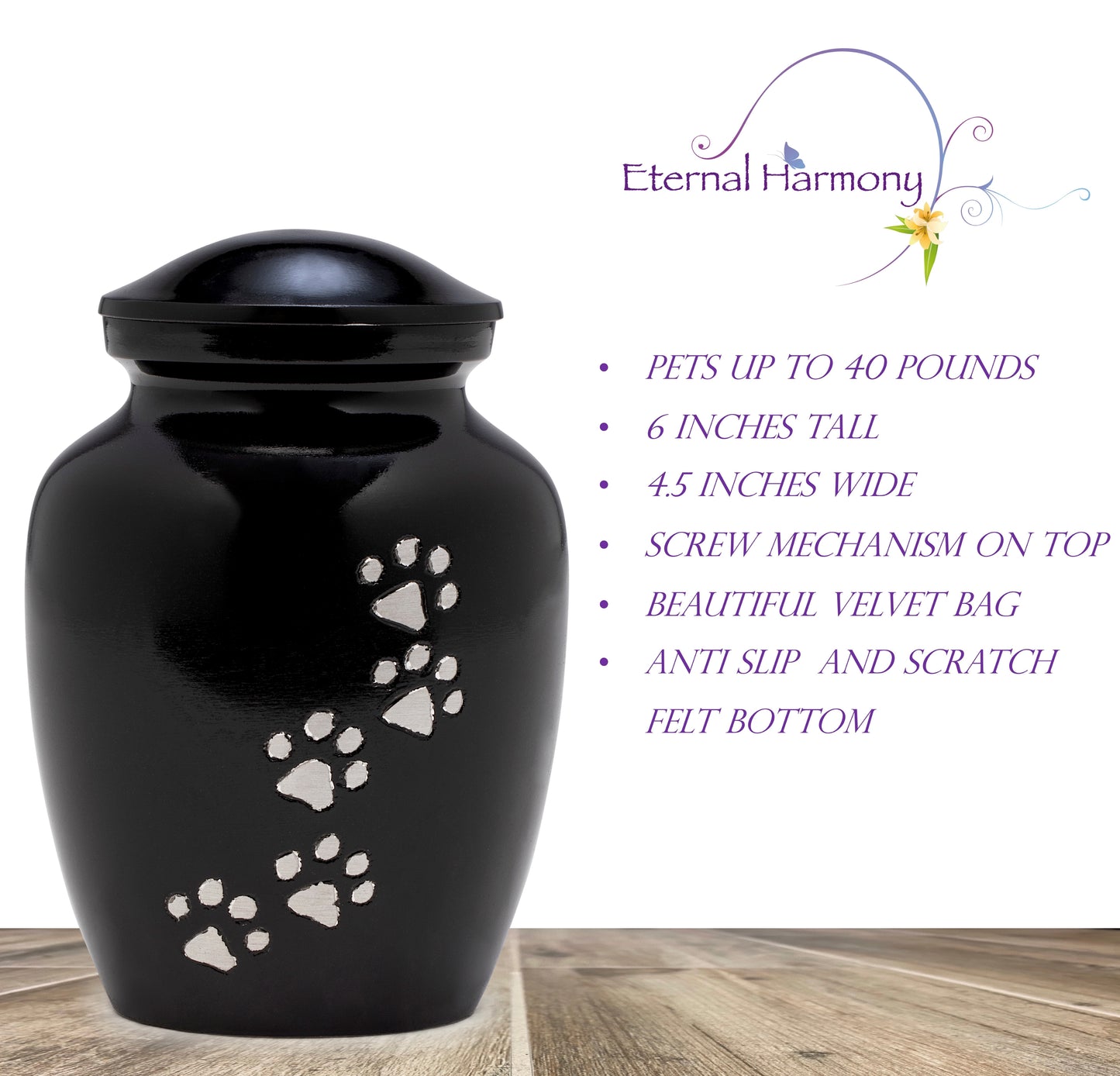 Dogs and Cat Urns with Beautiful Velvet Bag (Black, 6 Inches)