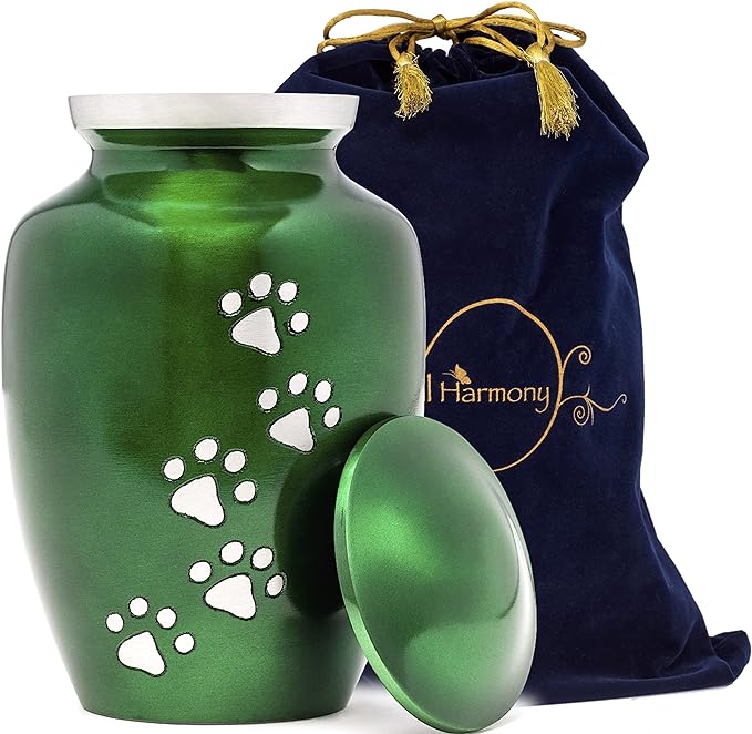 Dogs and Cats Urn with Beautiful Velvet Bag (Green, 8 Inches)
