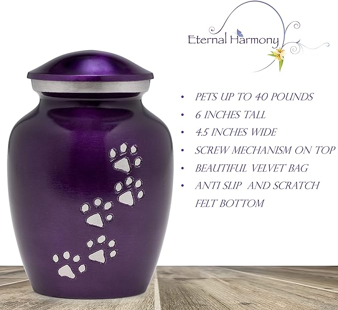 Dogs and Cats Urn with Beautiful Velvet Bag (Purple, Medium)